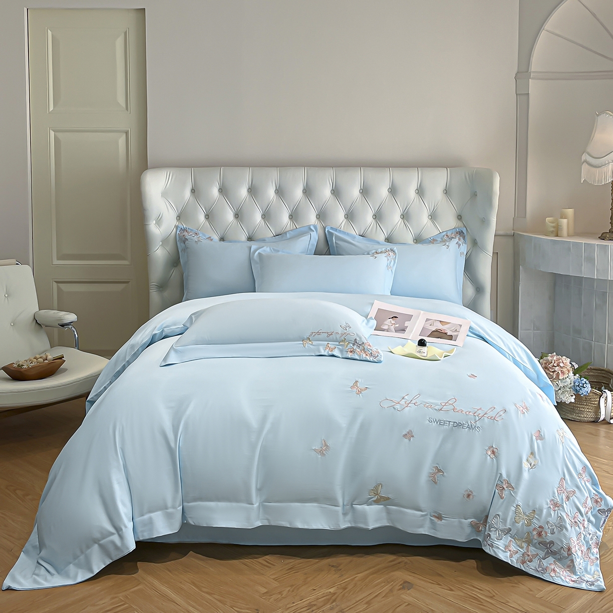 91家纺网 家纺一手货源 找家纺 经年 2026春夏新款天丝刺绣四件套-蝶恋 蝶恋-以太兰