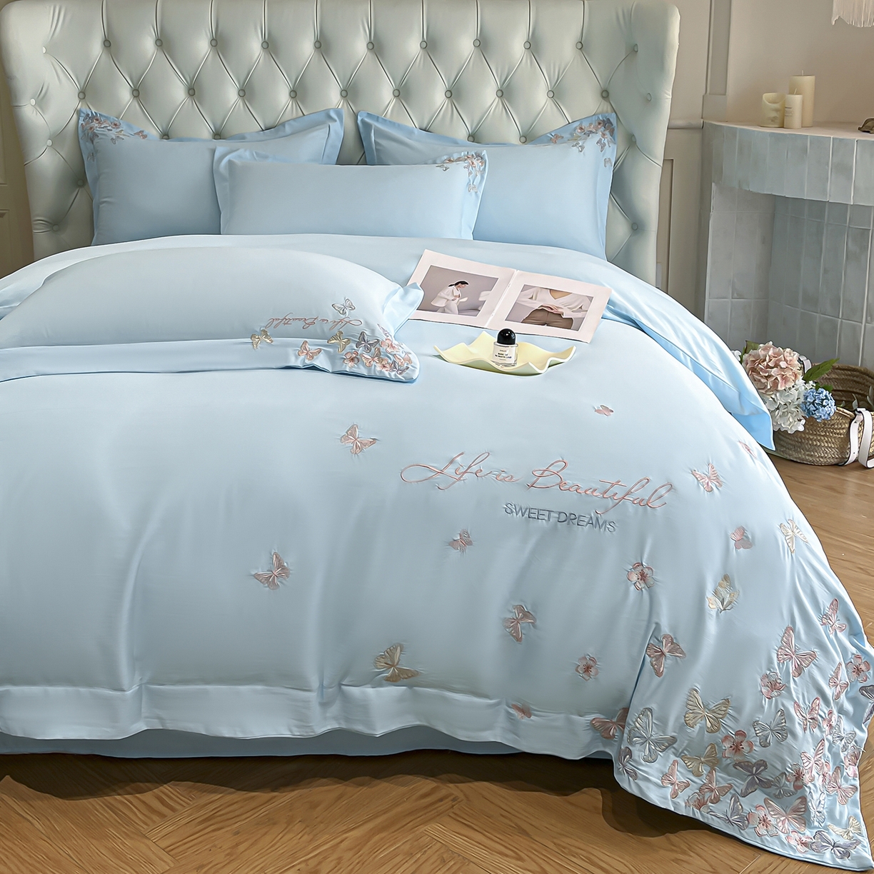 91家纺网 家纺一手货源 找家纺 经年 2026春夏新款天丝刺绣四件套-蝶恋 蝶恋-以太兰