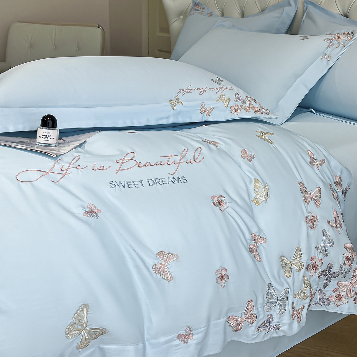 91家纺网 家纺一手货源 找家纺 经年 2026春夏新款天丝刺绣四件套-蝶恋 蝶恋-以太兰