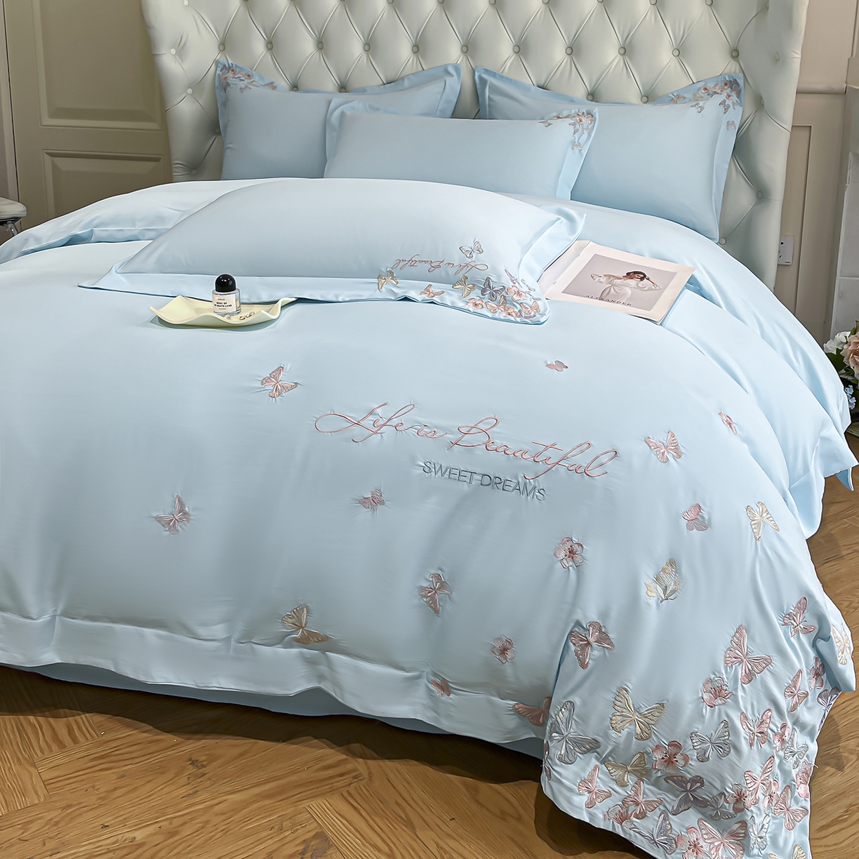 91家纺网 家纺一手货源 找家纺 经年 2026春夏新款天丝刺绣四件套-蝶恋 蝶恋-以太兰