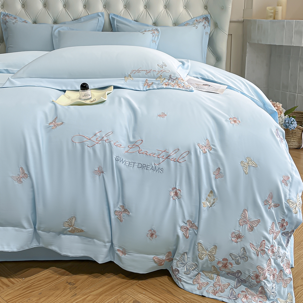 91家纺网 家纺一手货源 找家纺 经年 2026春夏新款天丝刺绣四件套-蝶恋 蝶恋-以太兰