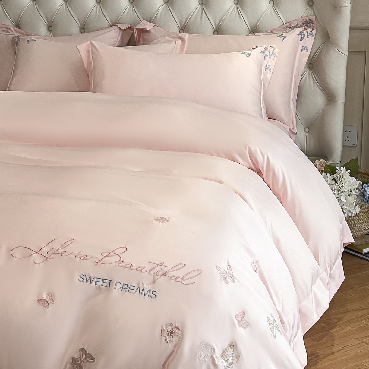 91家纺网 家纺一手货源 找家纺 经年 2026春夏新款天丝刺绣四件套-蝶恋 蝶恋-粉玉