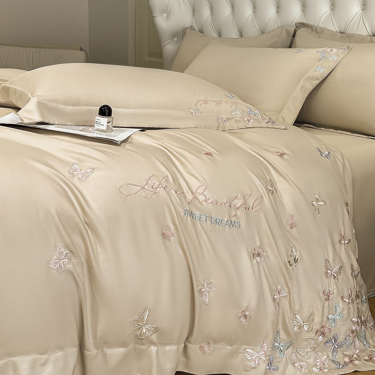 91家纺网 家纺一手货源 找家纺 经年 2026春夏新款天丝刺绣四件套-蝶恋 蝶恋-香槟