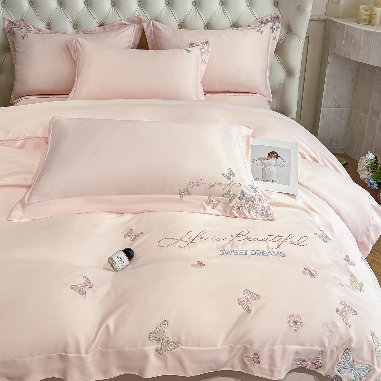 91家纺网 家纺一手货源 找家纺 经年 2026春夏新款天丝刺绣四件套-蝶恋 蝶恋-粉玉