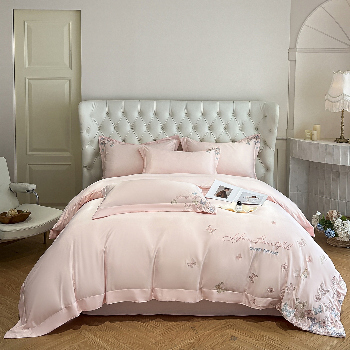 91家纺网 家纺一手货源 找家纺 经年 2026春夏新款天丝刺绣四件套-蝶恋 蝶恋-粉玉