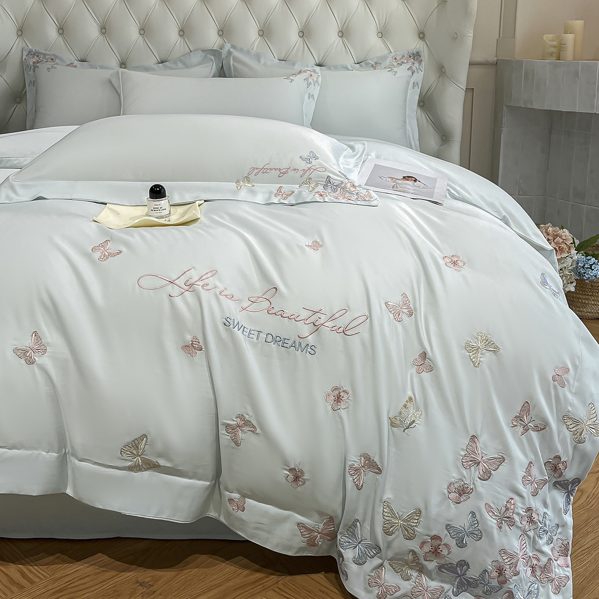 91家纺网 家纺一手货源 找家纺 经年 2026春夏新款天丝刺绣四件套-蝶恋 蝶恋-抹茶绿