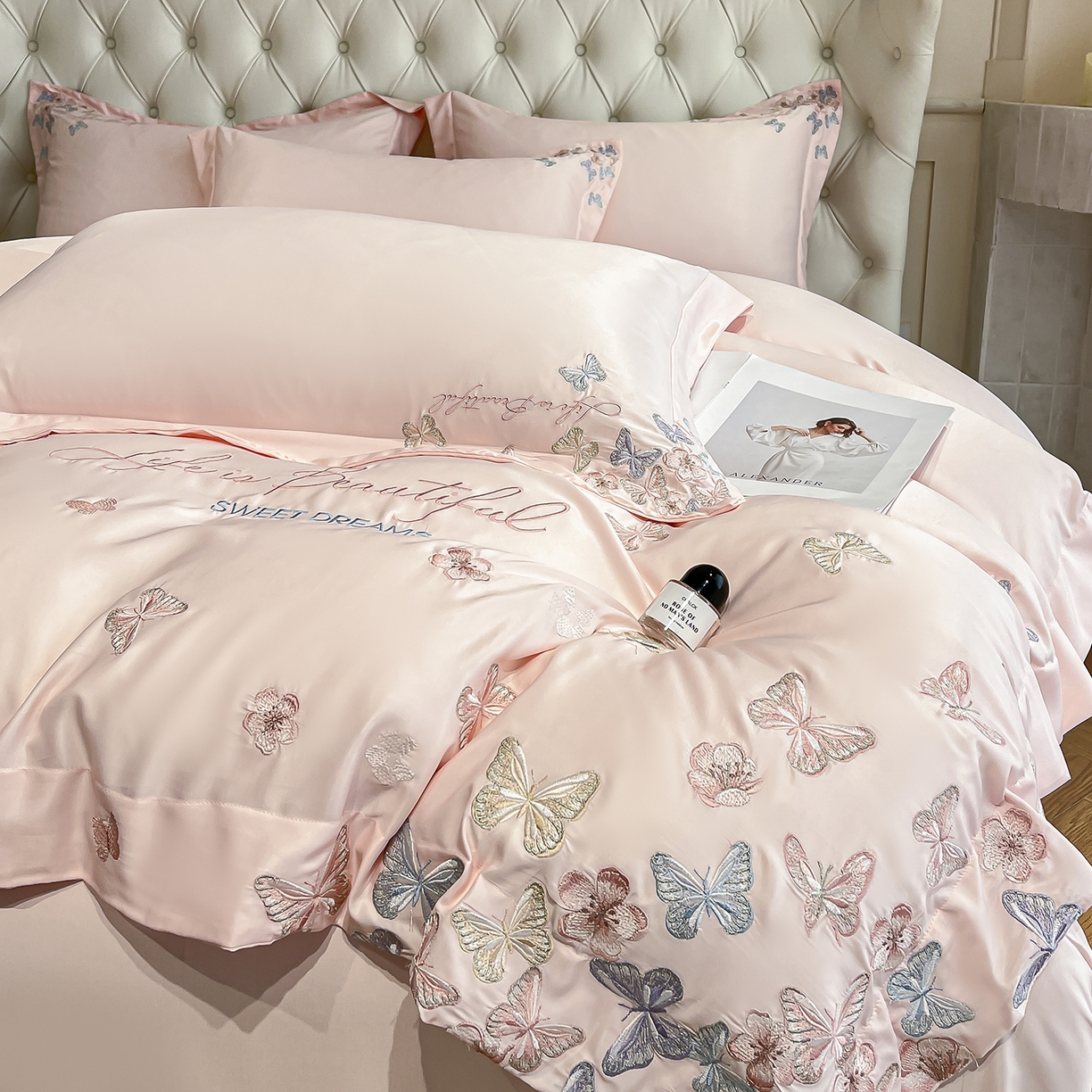 91家纺网 家纺一手货源 找家纺 经年 2026春夏新款天丝刺绣四件套-蝶恋 蝶恋-粉玉