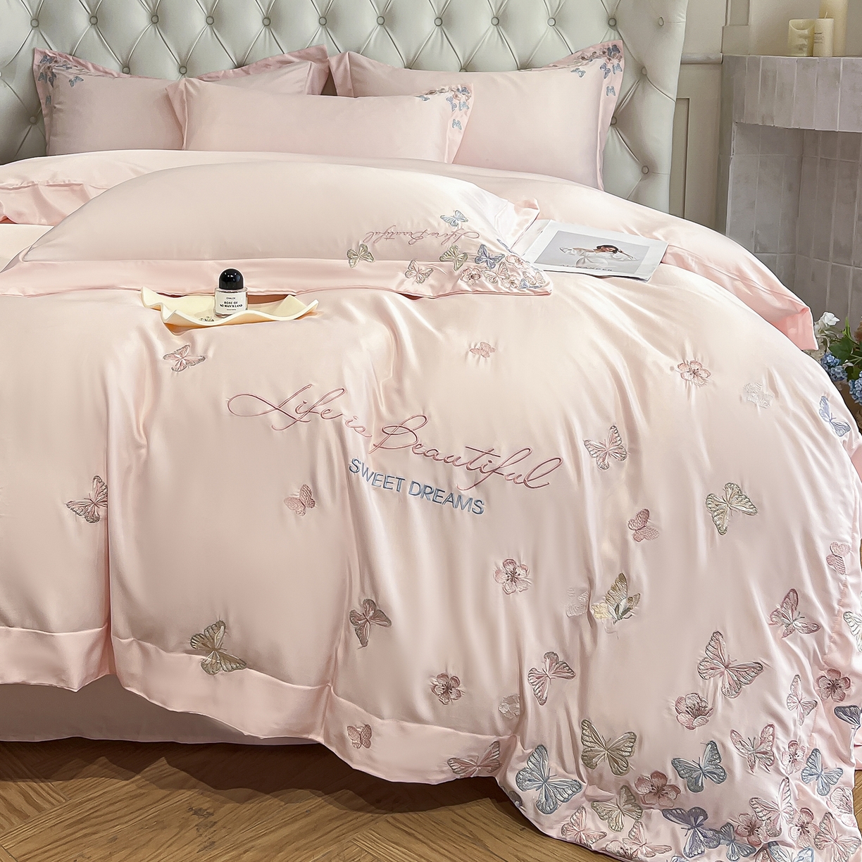 91家纺网 家纺一手货源 找家纺 经年 2026春夏新款天丝刺绣四件套-蝶恋 蝶恋-粉玉