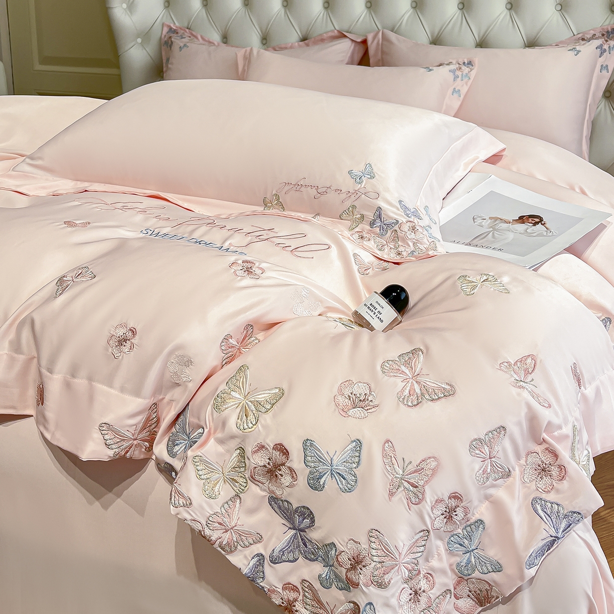 91家纺网 家纺一手货源 找家纺 经年 2026春夏新款天丝刺绣四件套-蝶恋 蝶恋-粉玉