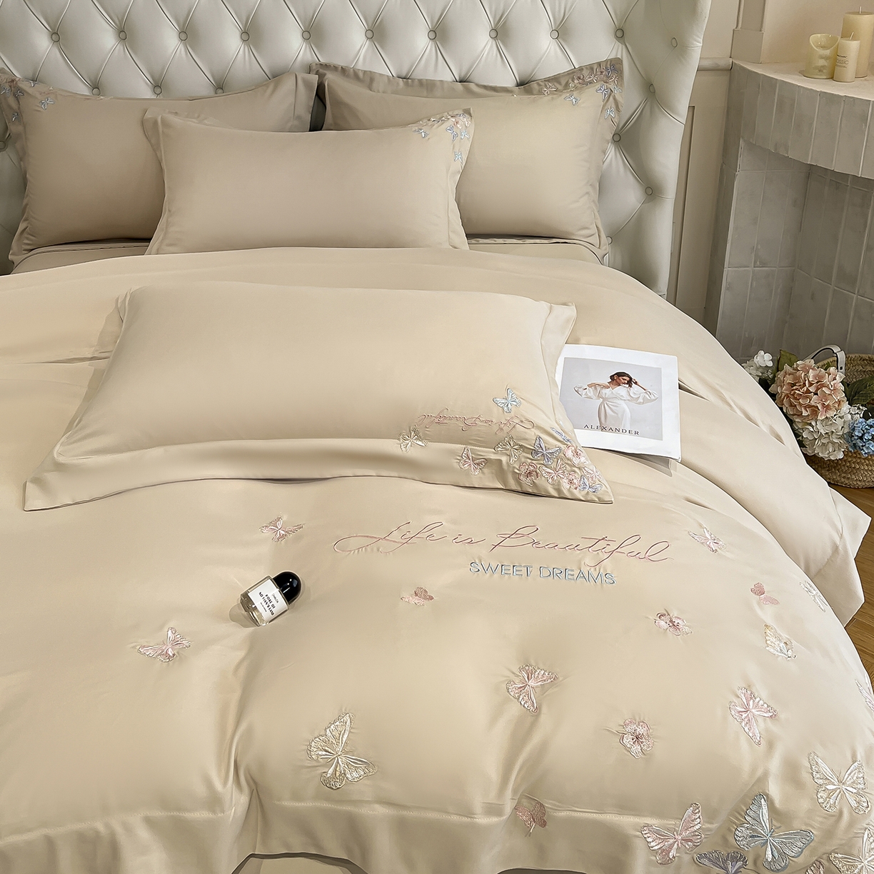 91家纺网 家纺一手货源 找家纺 经年 2026春夏新款天丝刺绣四件套-蝶恋 蝶恋-香槟