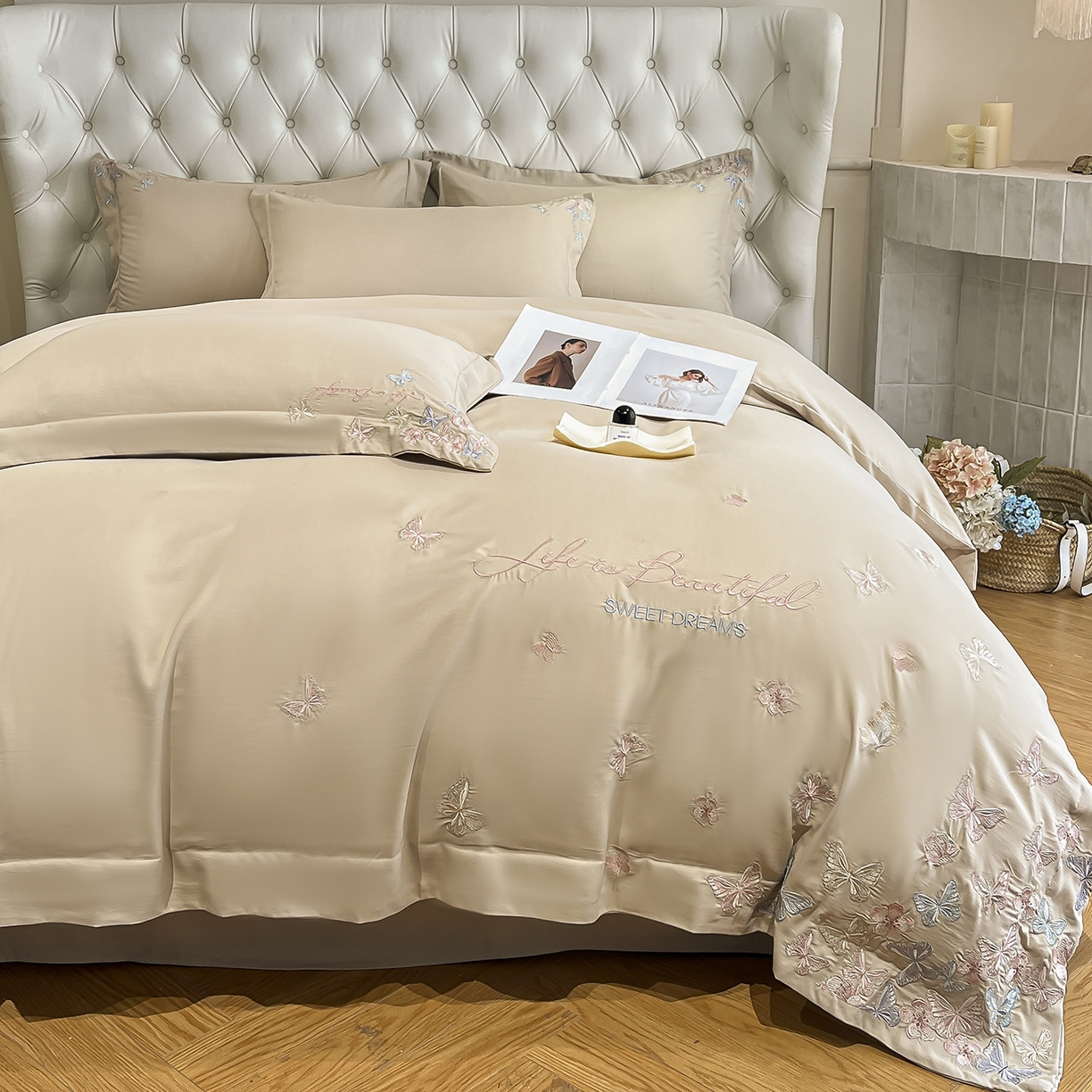 91家纺网 家纺一手货源 找家纺 经年 2026春夏新款天丝刺绣四件套-蝶恋 蝶恋-香槟