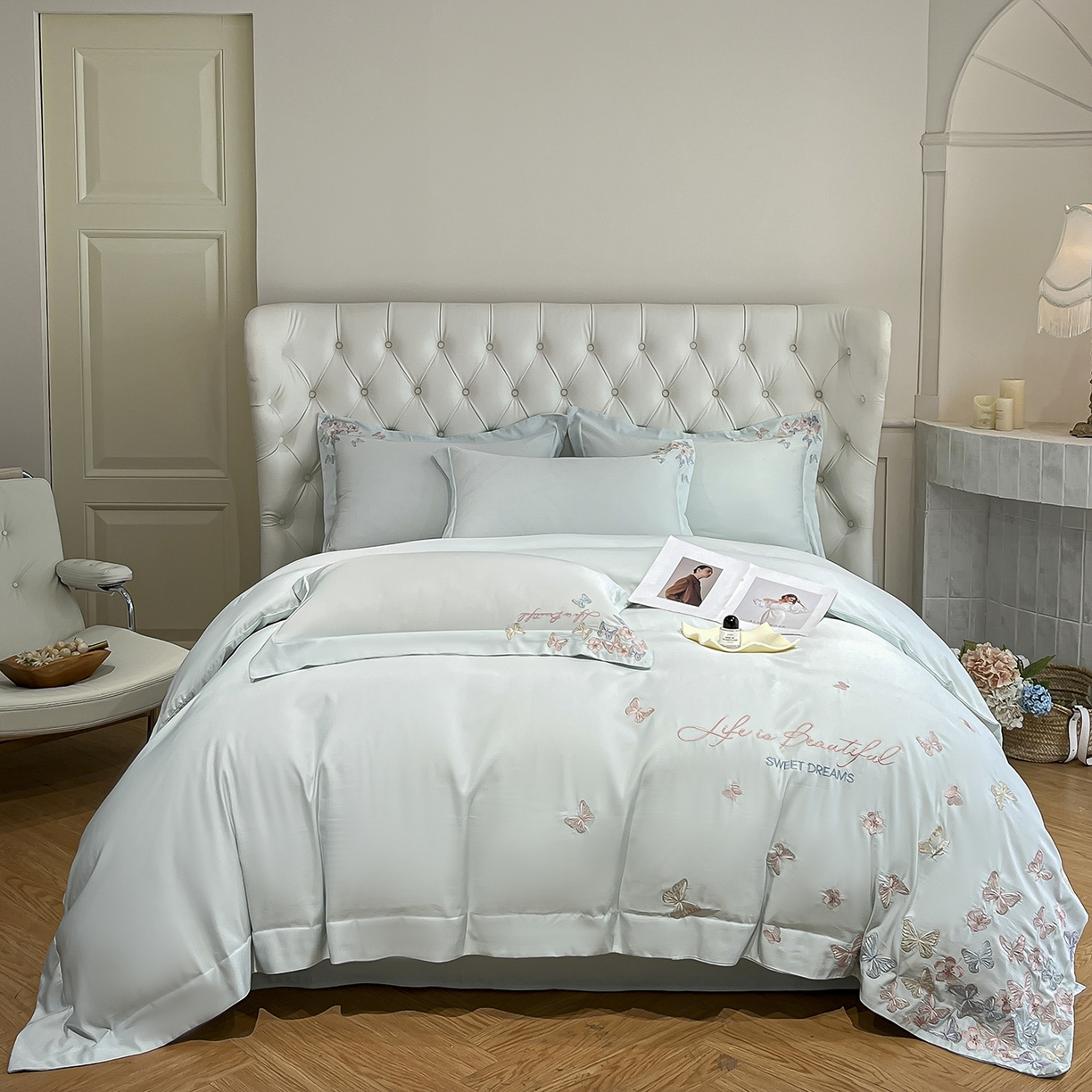 91家纺网 家纺一手货源 找家纺 经年 2026春夏新款天丝刺绣四件套-蝶恋 蝶恋-抹茶绿