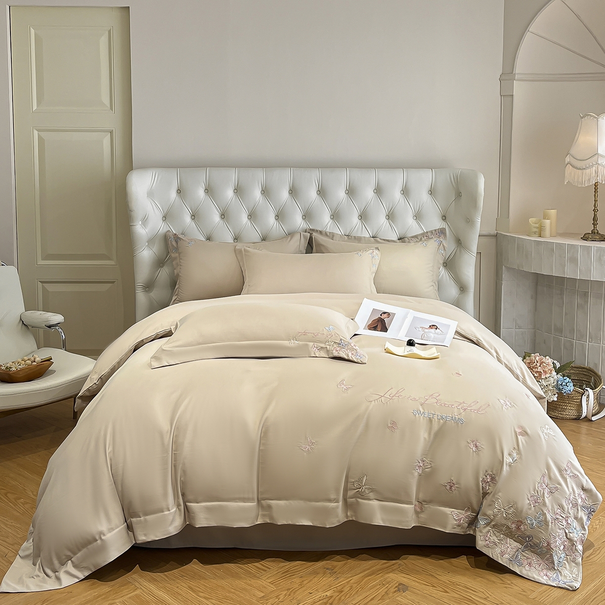 91家纺网 家纺一手货源 找家纺 经年 2026春夏新款天丝刺绣四件套-蝶恋 蝶恋-香槟