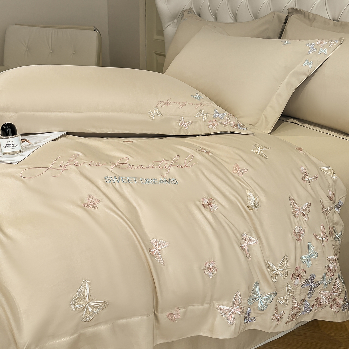 91家纺网 家纺一手货源 找家纺 经年 2026春夏新款天丝刺绣四件套-蝶恋 蝶恋-香槟