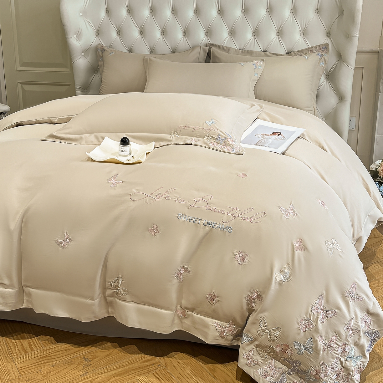 91家纺网 家纺一手货源 找家纺 经年 2026春夏新款天丝刺绣四件套-蝶恋 蝶恋-香槟