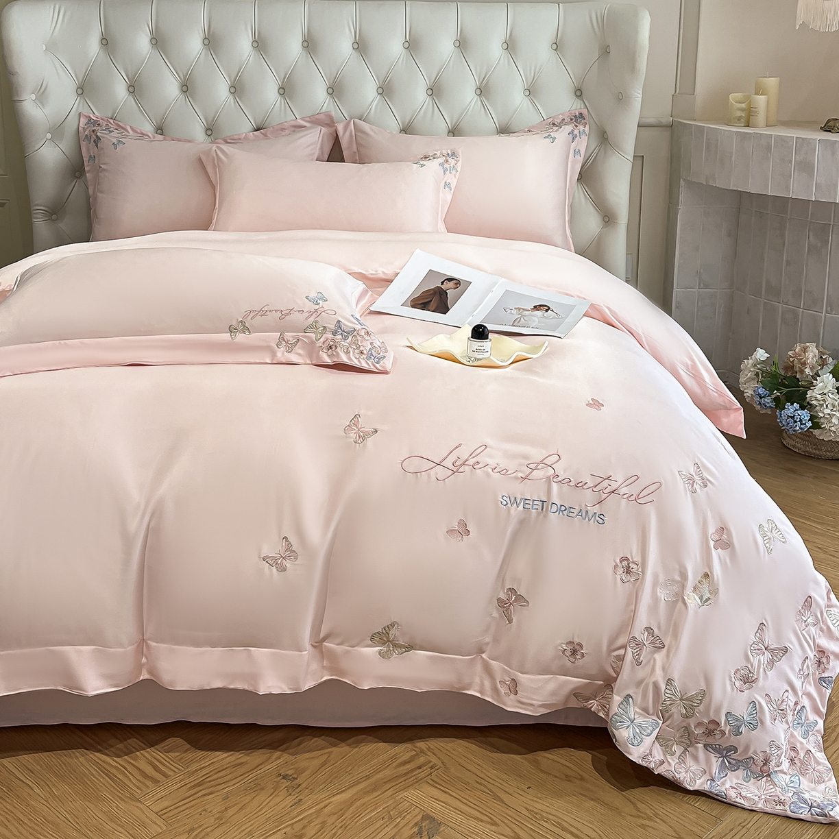 91家纺网 家纺一手货源 找家纺 经年 2026春夏新款天丝刺绣四件套-蝶恋 蝶恋-粉玉