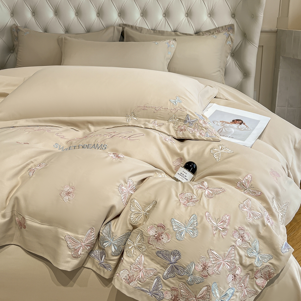 91家纺网 家纺一手货源 找家纺 经年 2026春夏新款天丝刺绣四件套-蝶恋 蝶恋-香槟