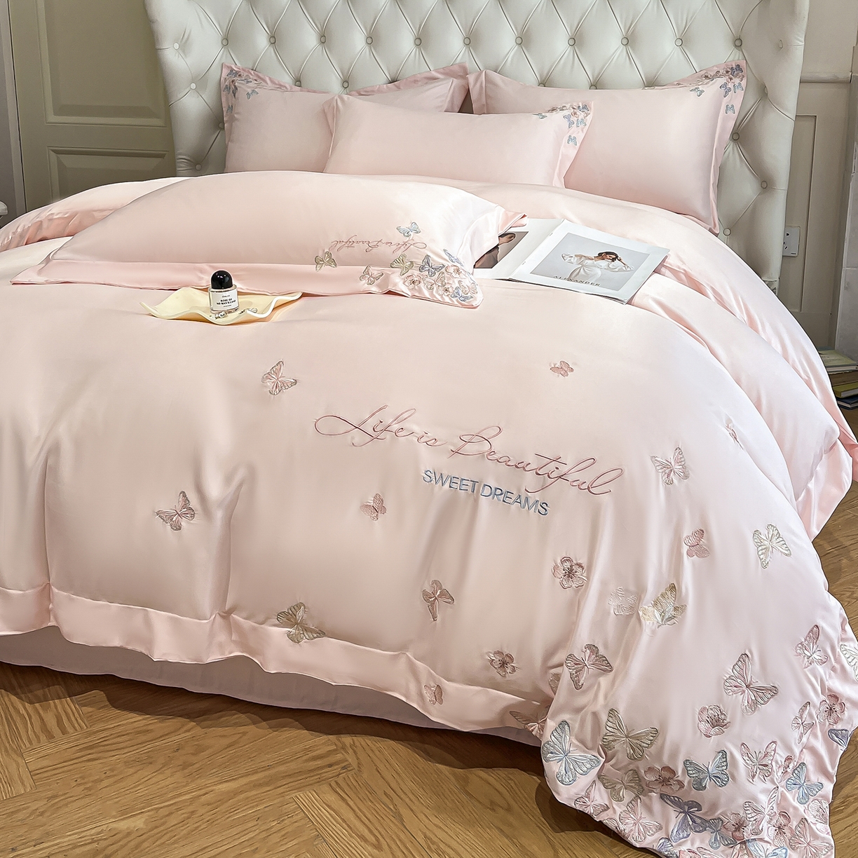 91家纺网 家纺一手货源 找家纺 经年 2026春夏新款天丝刺绣四件套-蝶恋 蝶恋-粉玉