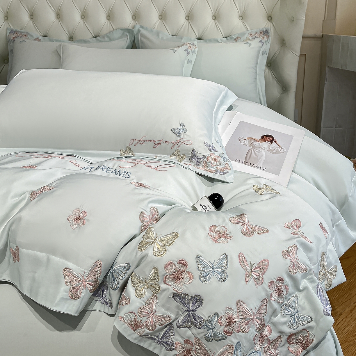 91家纺网 家纺一手货源 找家纺 经年 2026春夏新款天丝刺绣四件套-蝶恋 蝶恋-抹茶绿