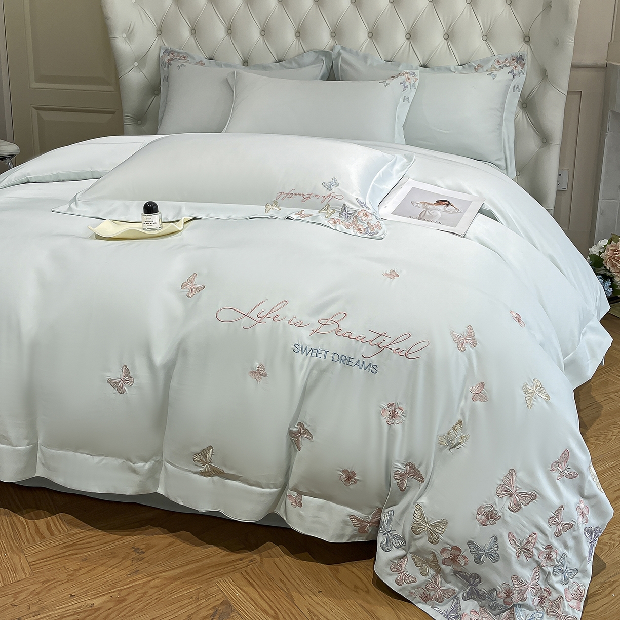 91家纺网 家纺一手货源 找家纺 经年 2026春夏新款天丝刺绣四件套-蝶恋 蝶恋-抹茶绿