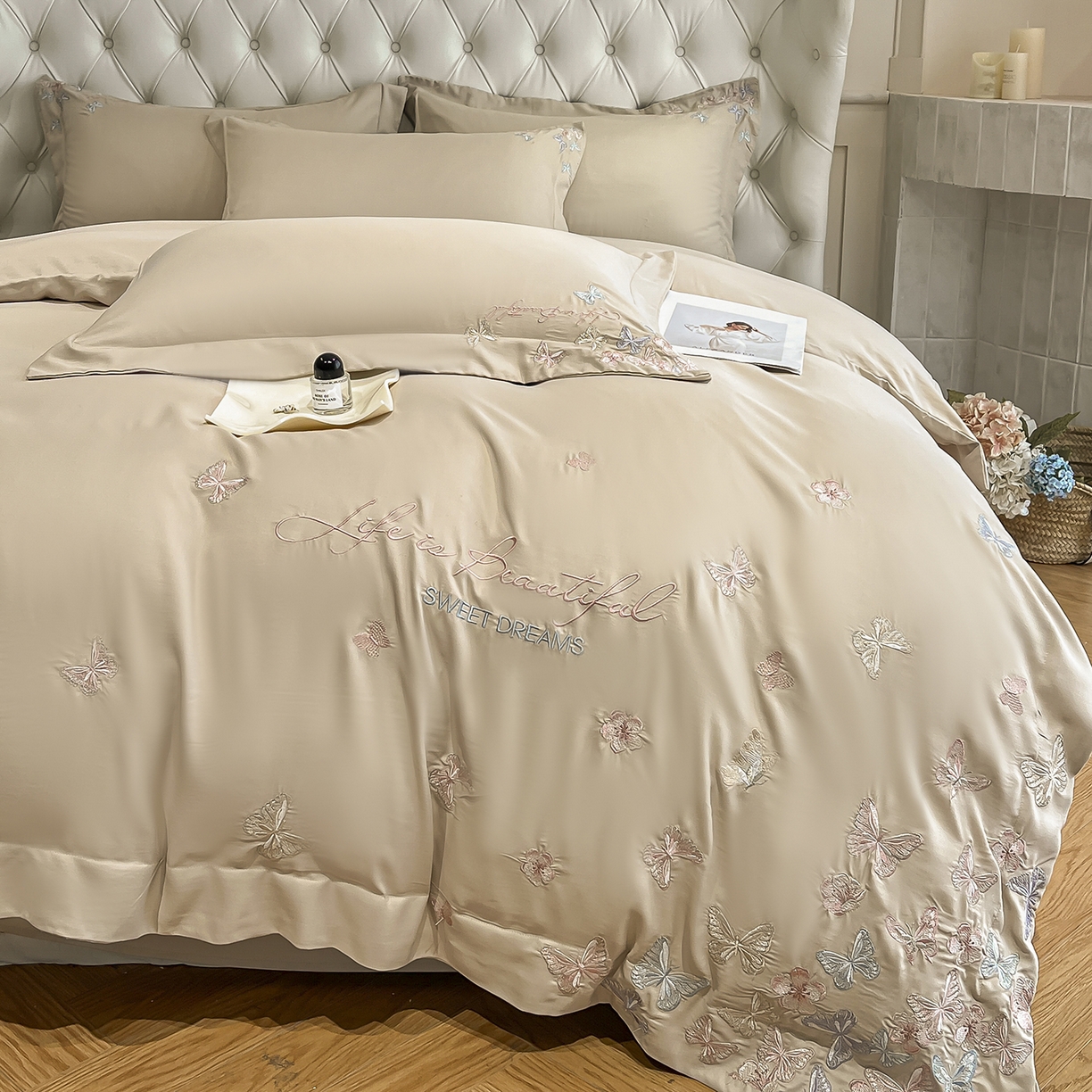 91家纺网 家纺一手货源 找家纺 经年 2026春夏新款天丝刺绣四件套-蝶恋 蝶恋-香槟