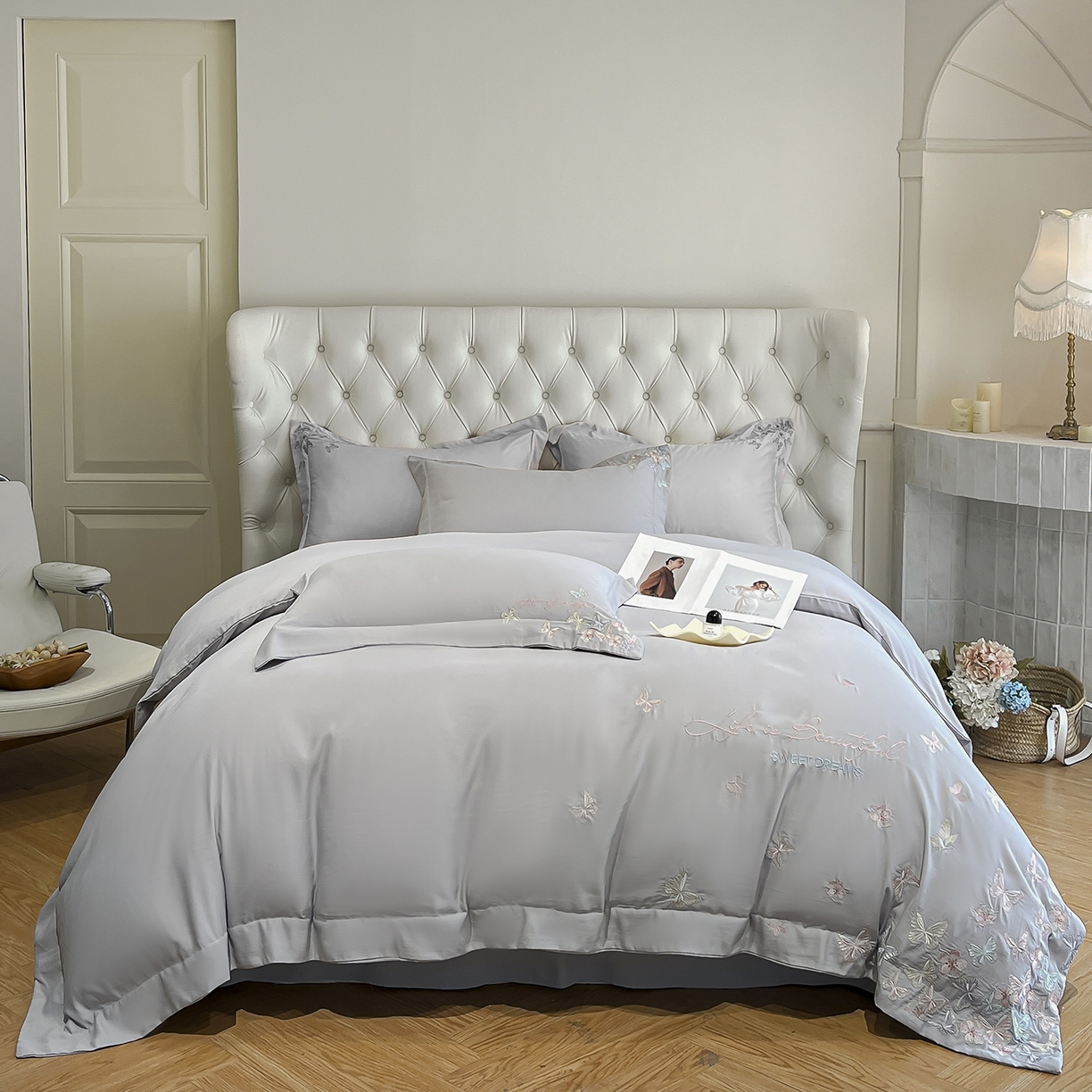 91家纺网 家纺一手货源 找家纺 经年 2026春夏新款天丝刺绣四件套-蝶恋 蝶恋-爵士灰