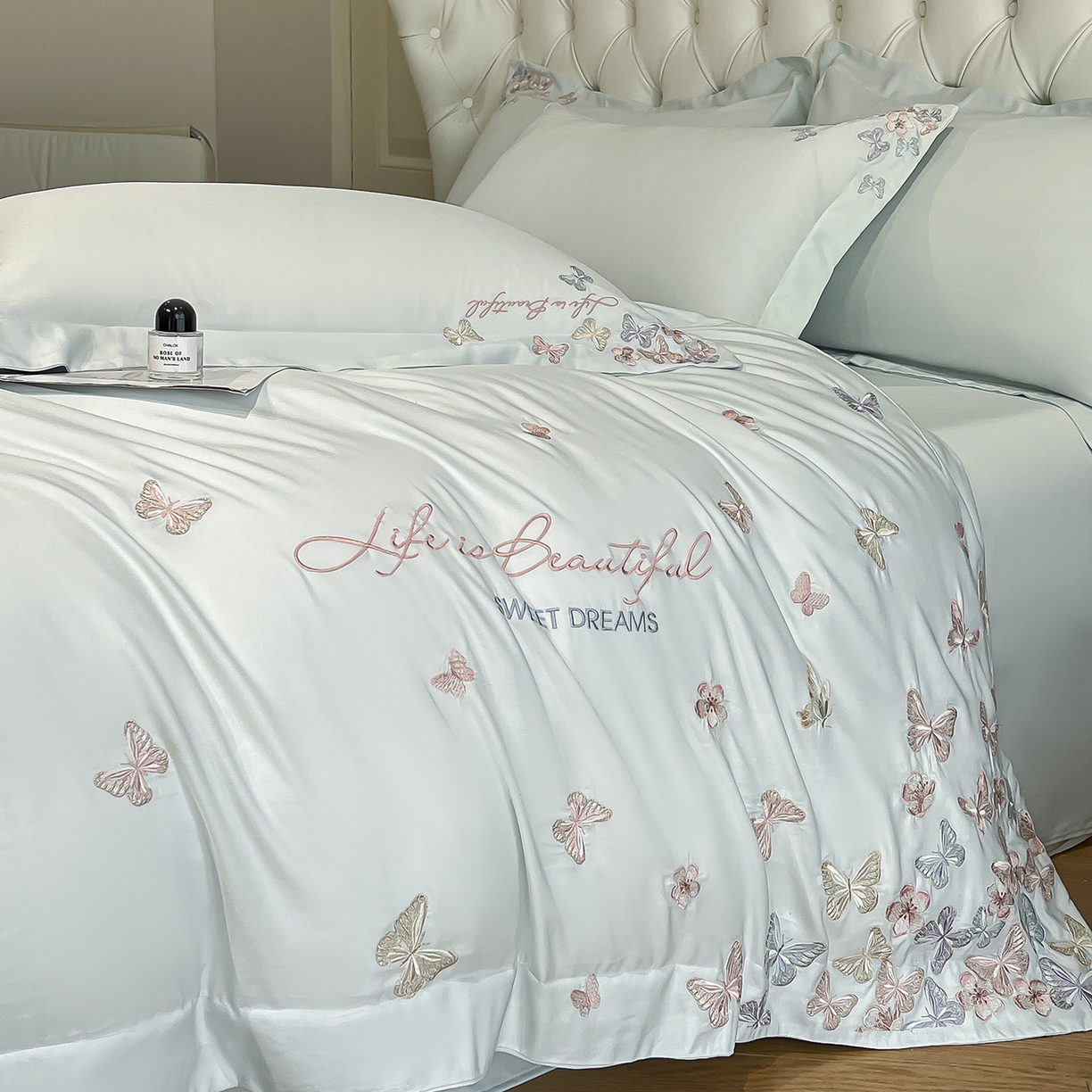 91家纺网 家纺一手货源 找家纺 经年 2026春夏新款天丝刺绣四件套-蝶恋 蝶恋-抹茶绿