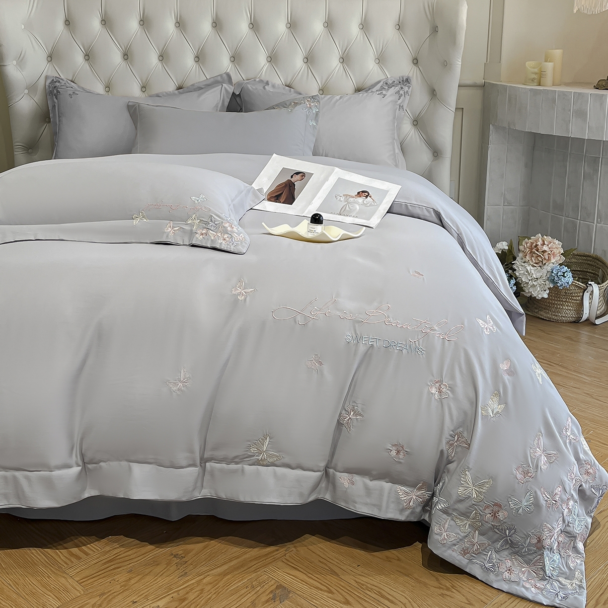 91家纺网 家纺一手货源 找家纺 经年 2026春夏新款天丝刺绣四件套-蝶恋 蝶恋-爵士灰