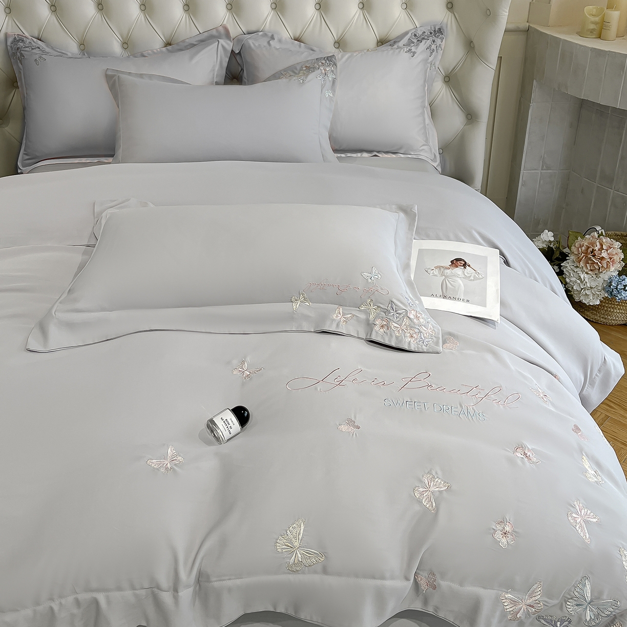 91家纺网 家纺一手货源 找家纺 经年 2026春夏新款天丝刺绣四件套-蝶恋 蝶恋-爵士灰