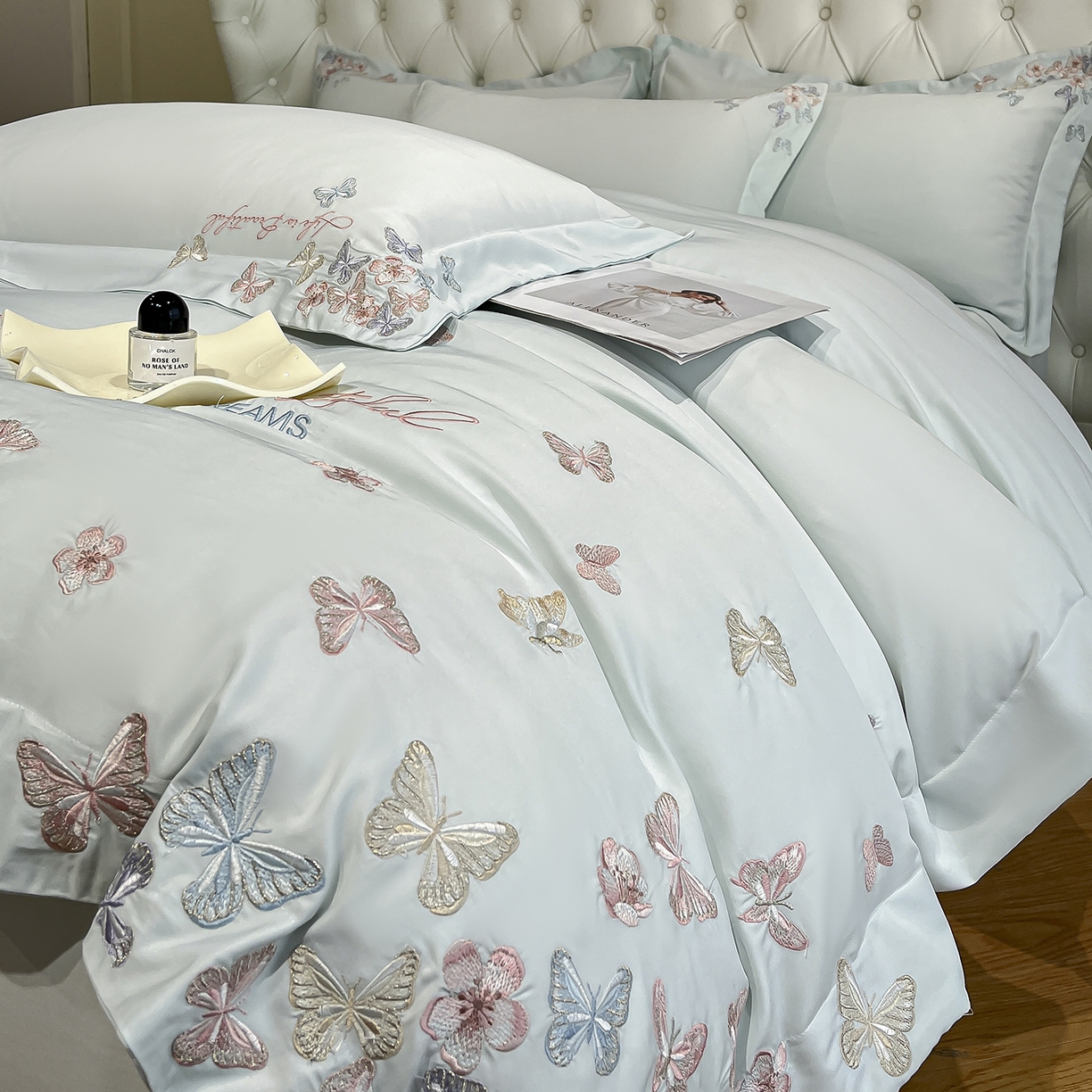 91家纺网 家纺一手货源 找家纺 经年 2026春夏新款天丝刺绣四件套-蝶恋 蝶恋-抹茶绿