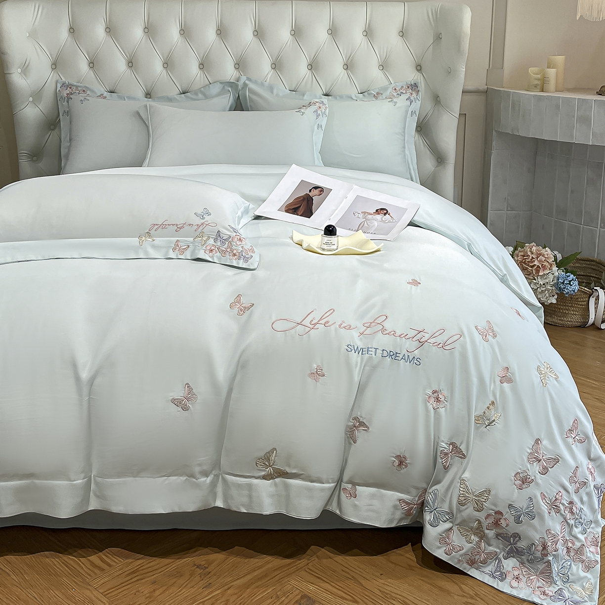 91家纺网 家纺一手货源 找家纺 经年 2026春夏新款天丝刺绣四件套-蝶恋 蝶恋-抹茶绿