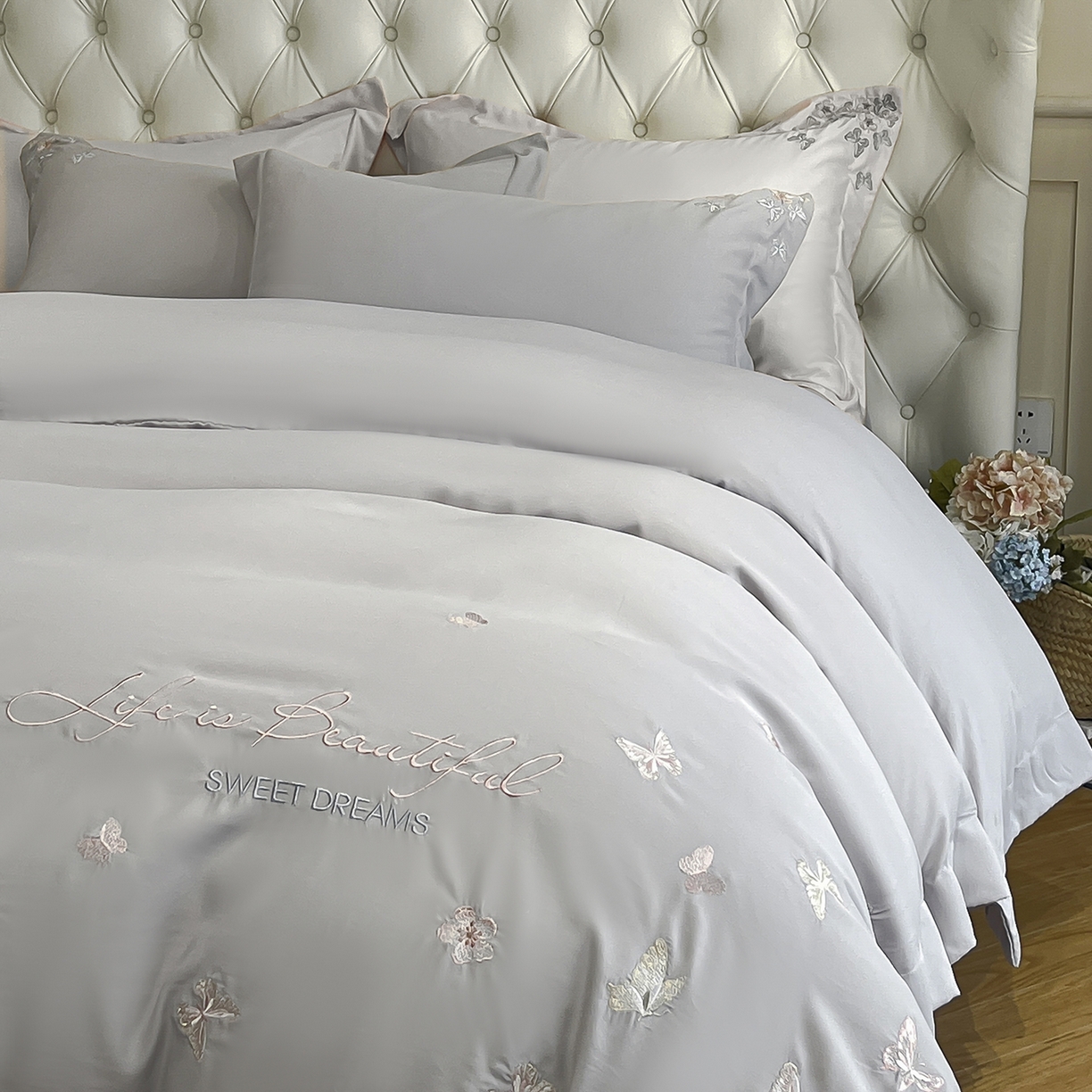 91家纺网 家纺一手货源 找家纺 经年 2026春夏新款天丝刺绣四件套-蝶恋 蝶恋-爵士灰