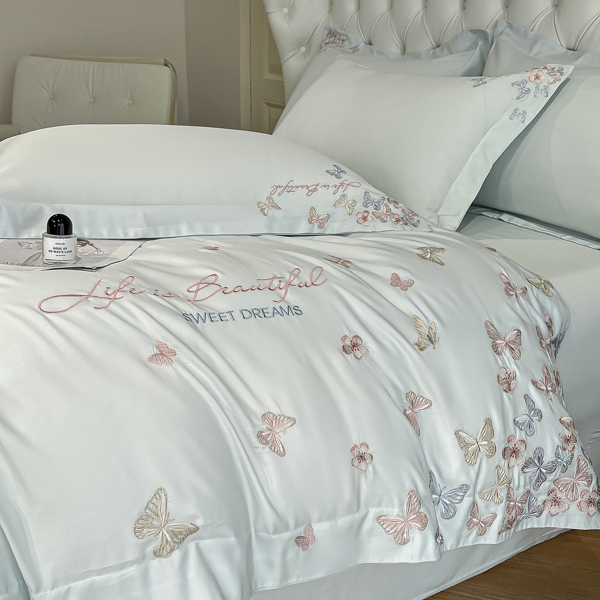 91家纺网 家纺一手货源 找家纺 经年 2026春夏新款天丝刺绣四件套-蝶恋 蝶恋-抹茶绿