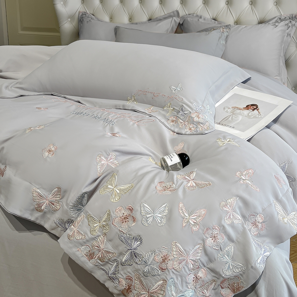 91家纺网 家纺一手货源 找家纺 经年 2026春夏新款天丝刺绣四件套-蝶恋 蝶恋-爵士灰