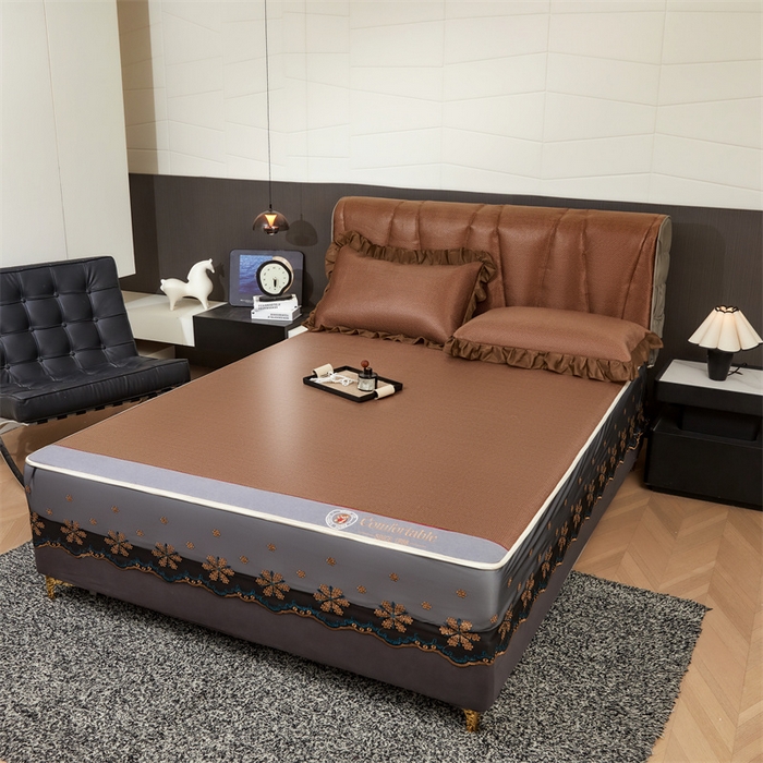 91家纺网 家纺一手货源 找家纺 情恒家纺 2026新款冰藤席床笠款席子凉席三件套-皇家 皇家-咖啡棕