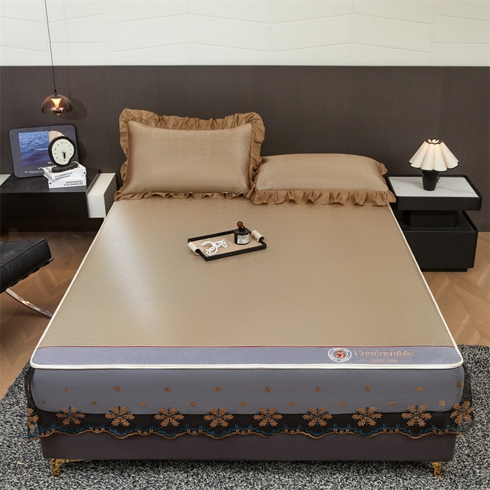 91家纺网 家纺一手货源 找家纺 情恒家纺 2026新款冰藤席床笠款席子凉席三件套-皇家 皇家-香槟金