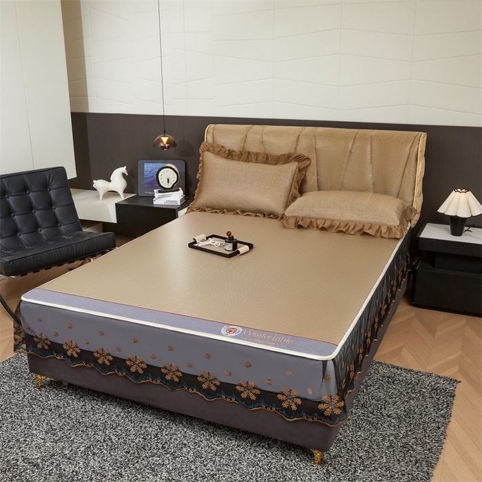 91家纺网 家纺一手货源 找家纺 情恒家纺 2026新款冰藤席床笠款席子凉席三件套-皇家 皇家-香槟金