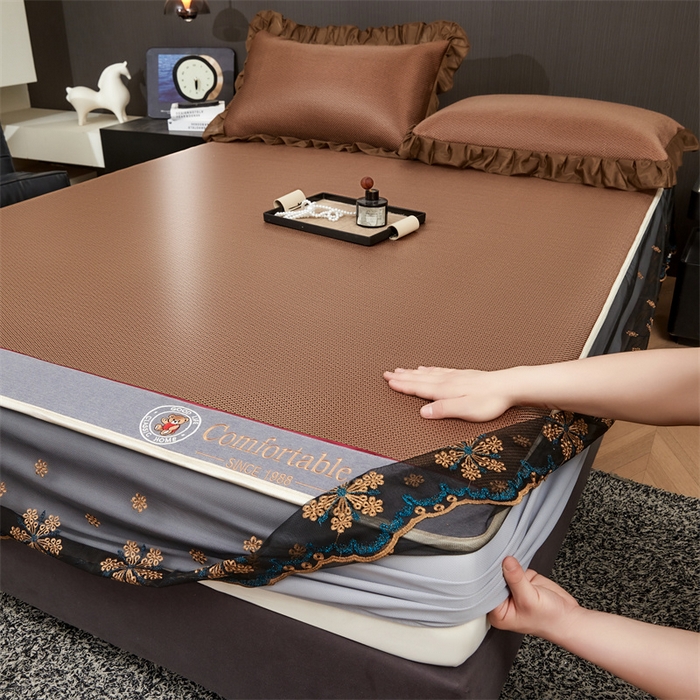 情恒家纺 2026新款冰藤席床笠款席子凉席三件套-皇家 皇家-咖啡棕