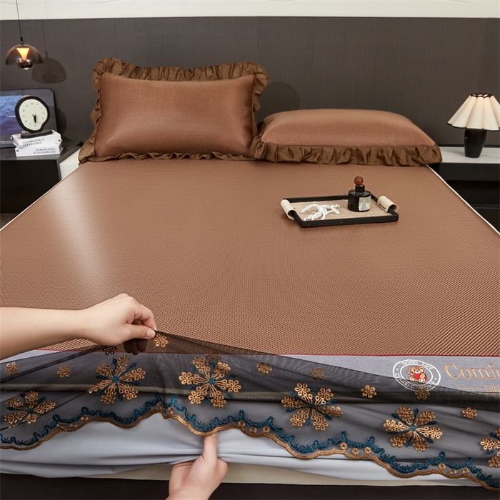 91家纺网 家纺一手货源 找家纺 情恒家纺 2026新款冰藤席床笠款席子凉席三件套-皇家 皇家-咖啡棕