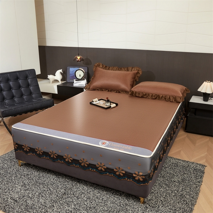 91家纺网 家纺一手货源 找家纺 情恒家纺 2026新款冰藤席床笠款席子凉席三件套-皇家 皇家-咖啡棕