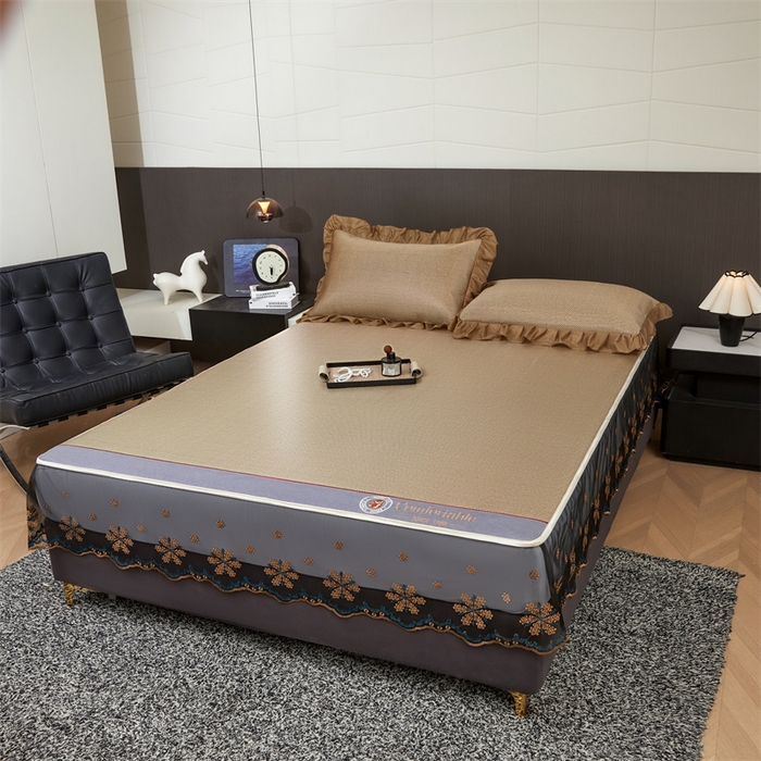 91家纺网 家纺一手货源 找家纺 情恒家纺 2026新款冰藤席床笠款席子凉席三件套-皇家 皇家-香槟金