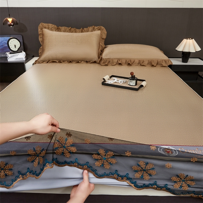 91家纺网 家纺一手货源 找家纺 情恒家纺 2026新款冰藤席床笠款席子凉席三件套-皇家 皇家-香槟金