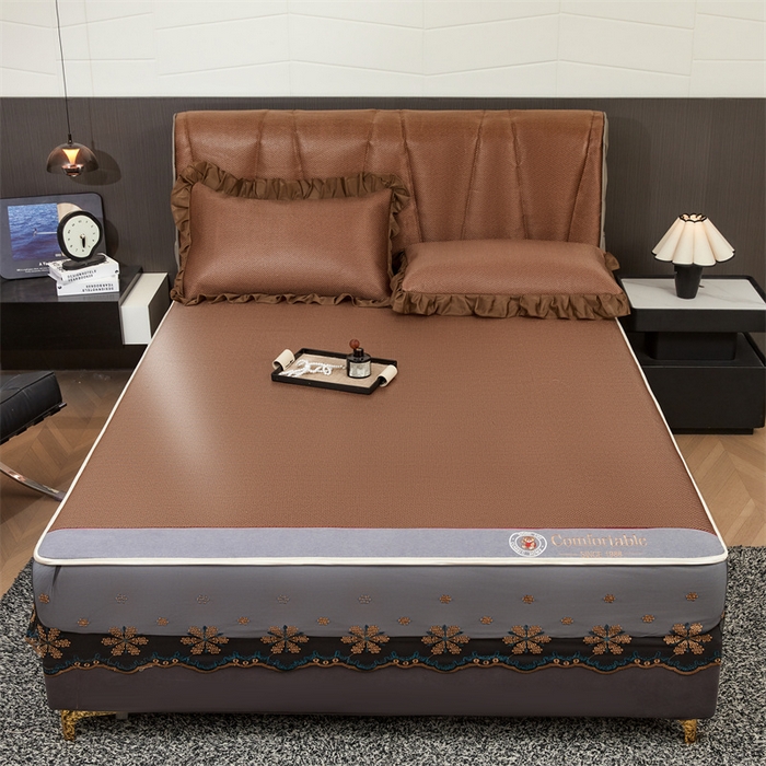 91家纺网 家纺一手货源 找家纺 情恒家纺 2026新款冰藤席床笠款席子凉席三件套-皇家 皇家-咖啡棕