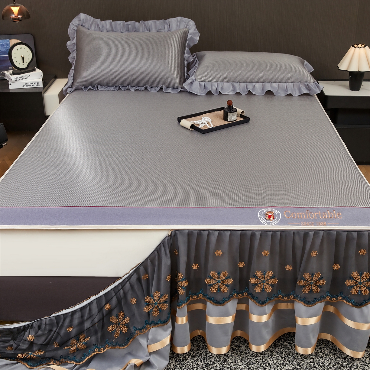 91家纺网 家纺一手货源 找家纺 （总）情恒家纺 2026新款冰藤席可拆卸床裙款凉席席子凉席三件套-皇家