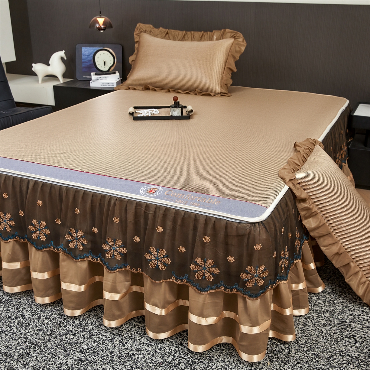 情恒家纺 2026新款冰藤席可拆卸床裙款凉席席子凉席三件套-皇家 皇家-香槟金