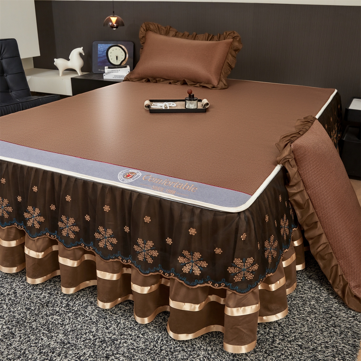 情恒家纺 2026新款冰藤席可拆卸床裙款凉席席子凉席三件套-皇家 皇家-咖啡棕