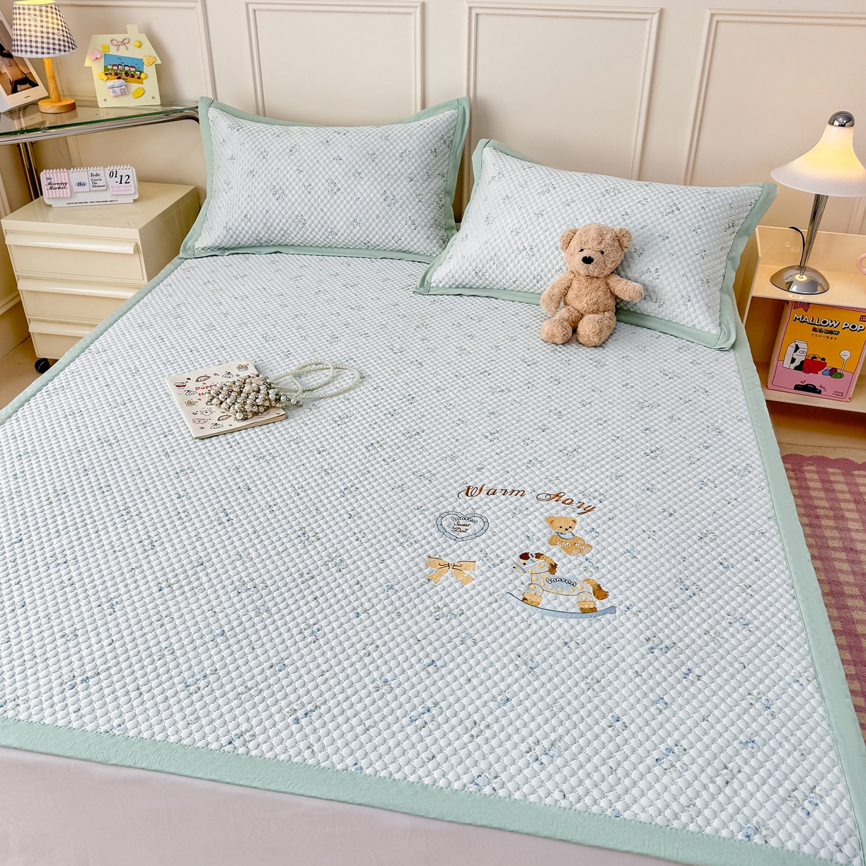 91家纺网 家纺一手货源 找家纺 寐居家纺 2026新款冰豆豆印加绣凉席席子 回忆童话