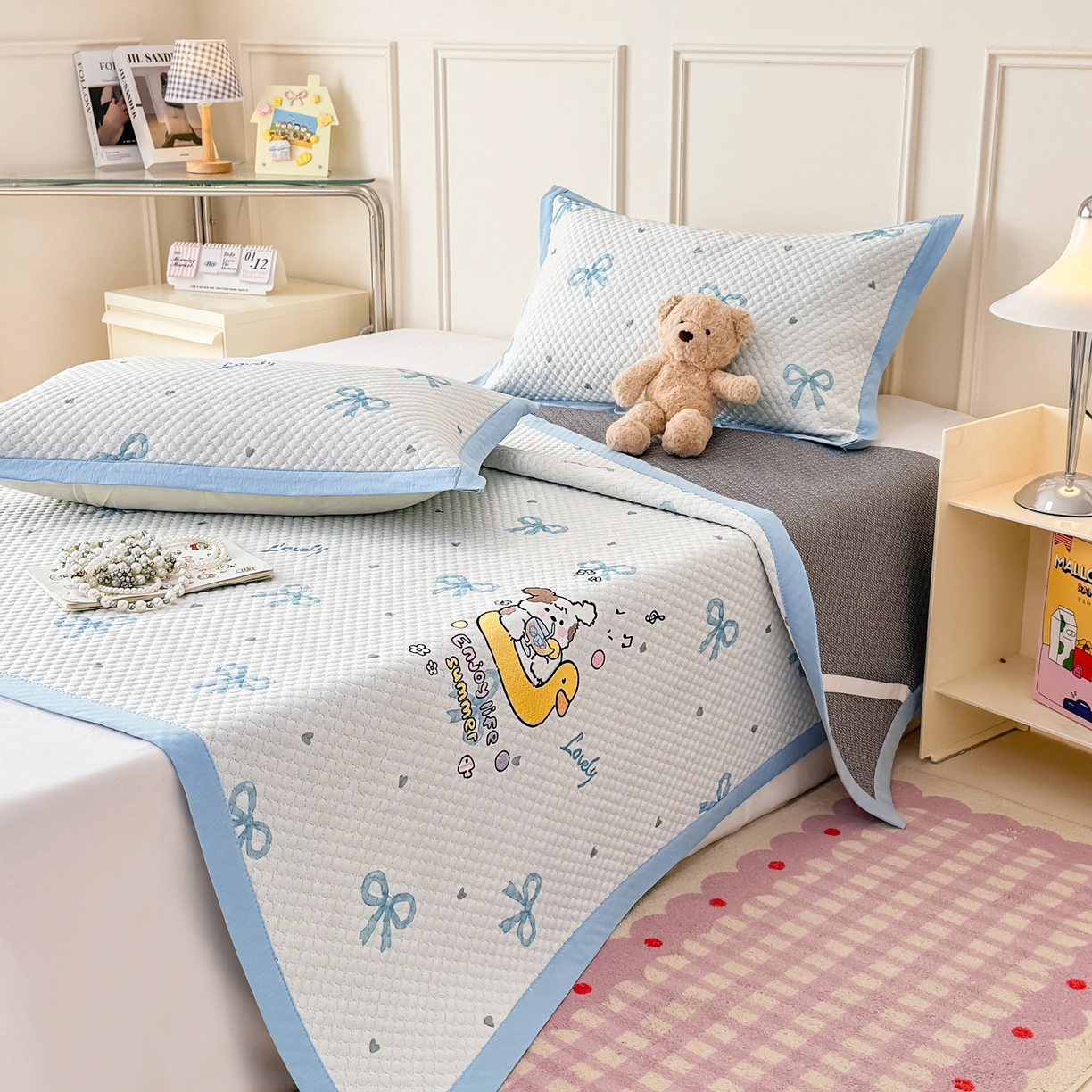 91家纺网 家纺一手货源 找家纺 寐居家纺 2026新款冰豆豆印加绣凉席席子 可爱的夏天