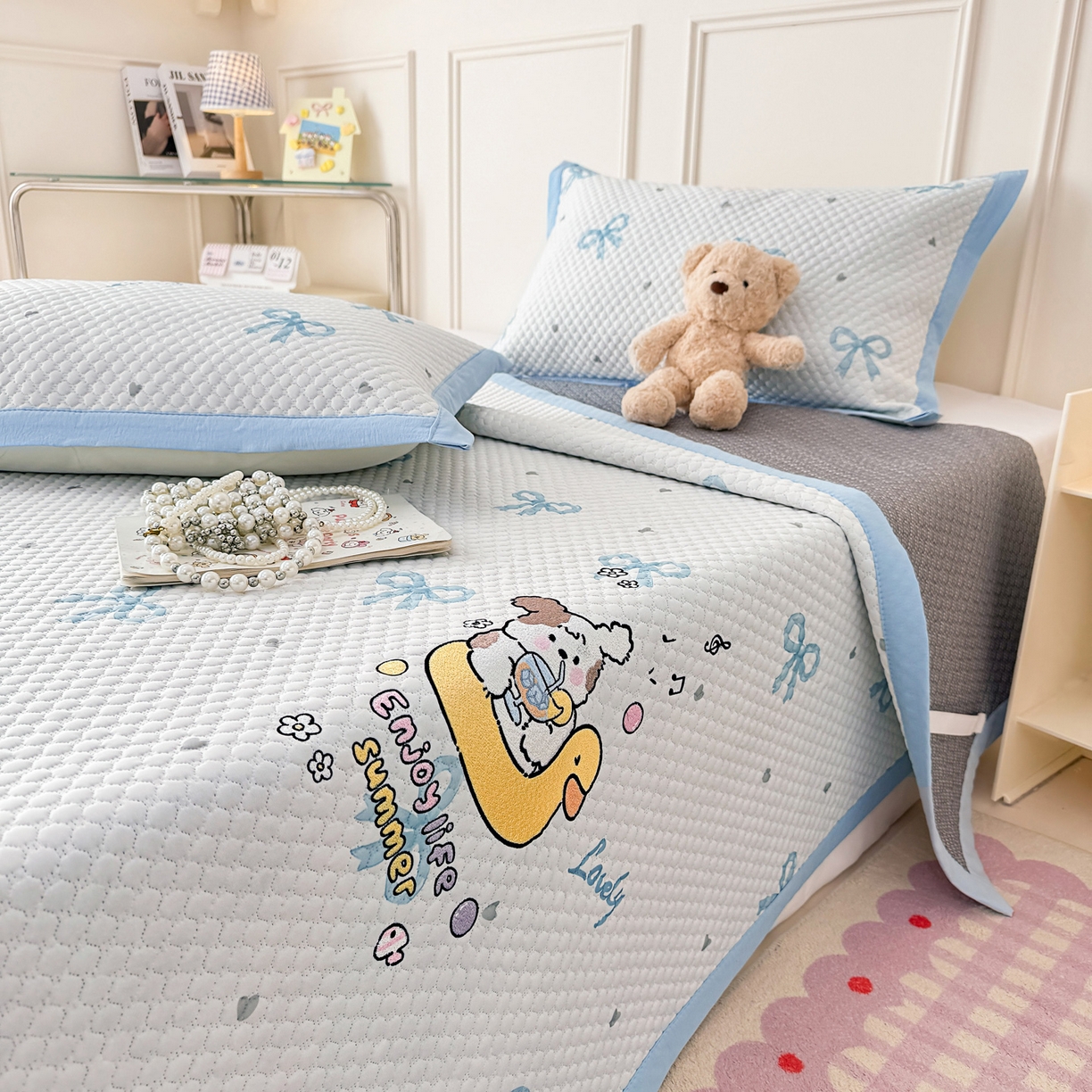 91家纺网 家纺一手货源 找家纺 寐居家纺 2026新款冰豆豆印加绣凉席席子 可爱的夏天