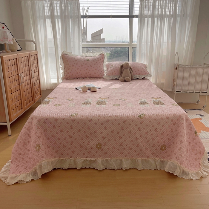 悦织湾家纺 2026新款印花泡芙棉花边床盖三件套春秋夏秋床罩款三件套轻奢时尚 花边-温馨时光